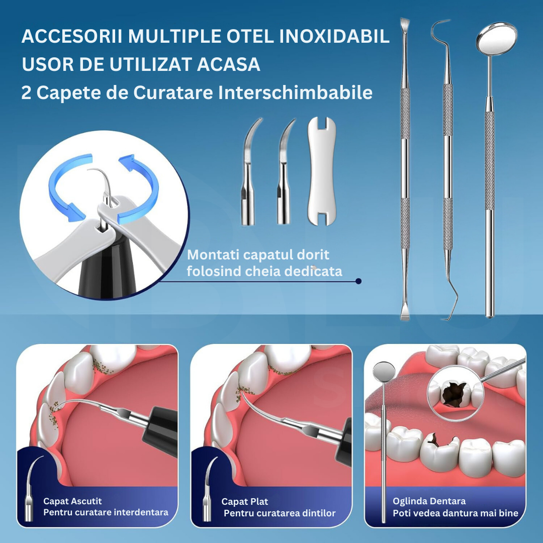 Aparat pentru Detartraj Ultrasonic iBLU smart, Eliminare Tartru si Placa Bacteriana, 5 Intensitati Reglabile pentru Curatarea Dintilor, 2 Capete Curatare Dentara si Oglinda Incluse, Lumina LED Puternica, Portabil si Reincarcabil, Silentios, 92g, Negru