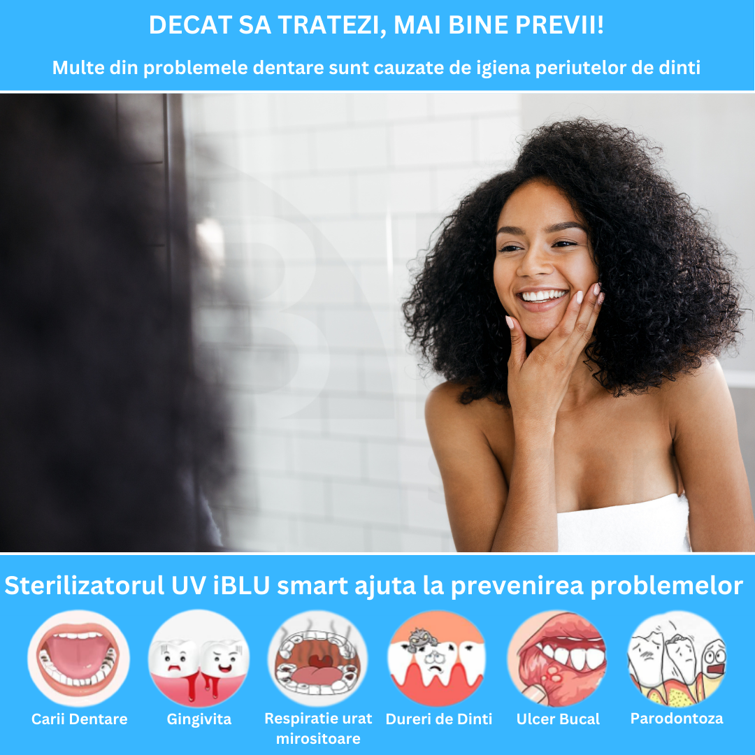 Sterilizator UV Portabil pentru 2 periute de dinti iBLU smart, Distruge 99.99% din bacterii, Suport periute dinti Inteligent cu functie de uscare, Senzor deschidere-inchidere automata, Dezinfectare continua 24/7, Display HD, Montaj facil fara gauri, Alb